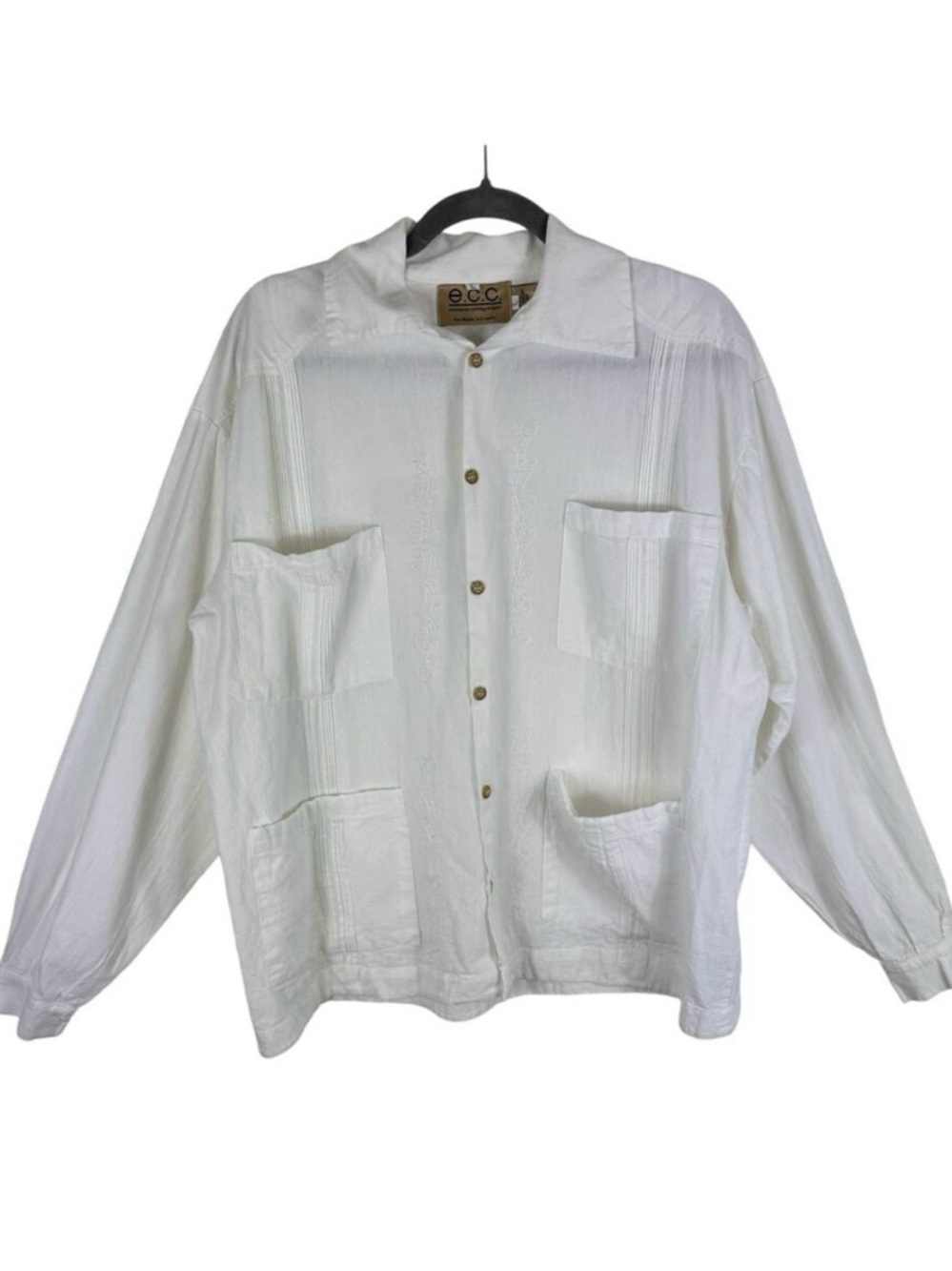 e.c.c White 100% Natural Cotton Embroidered Pleated Collared Button Up Shirt‎ L